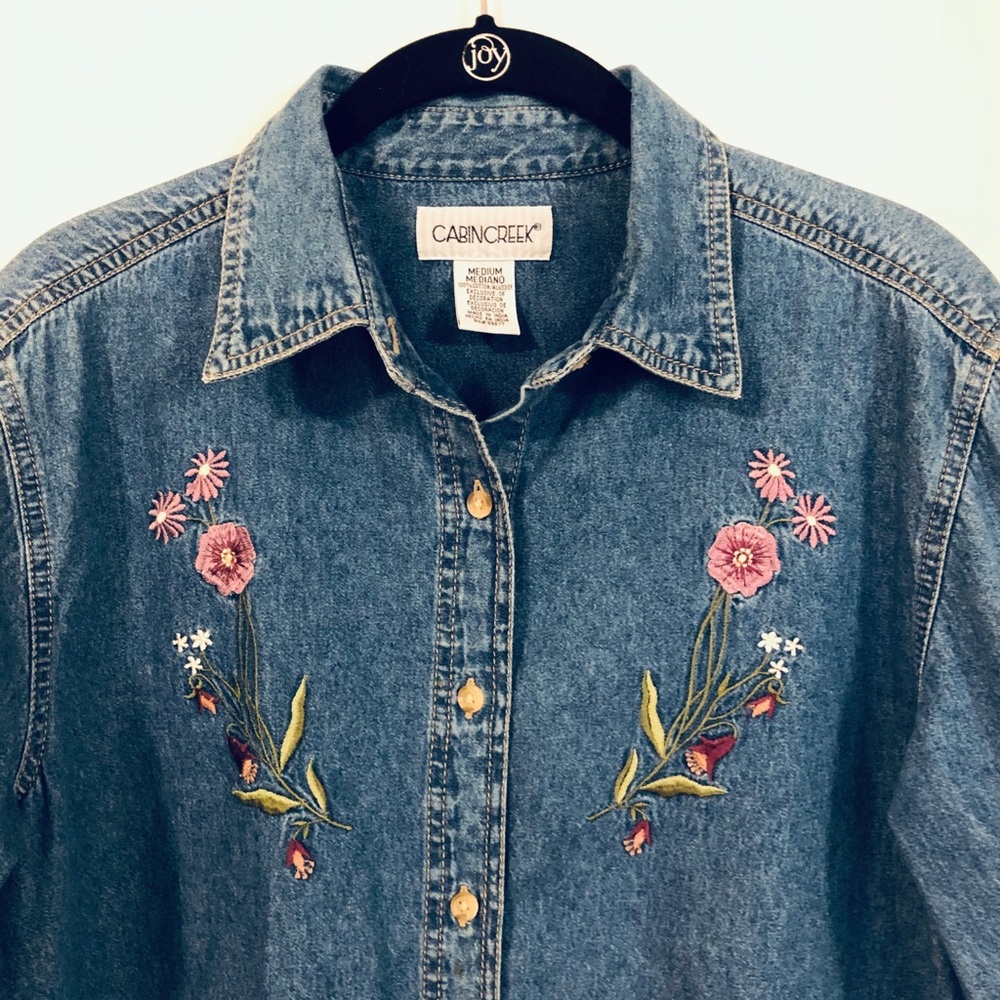 Cabin Creek Cotton Denim Shirt Flowers Button Down Blue Denim - Picture 3 of 7